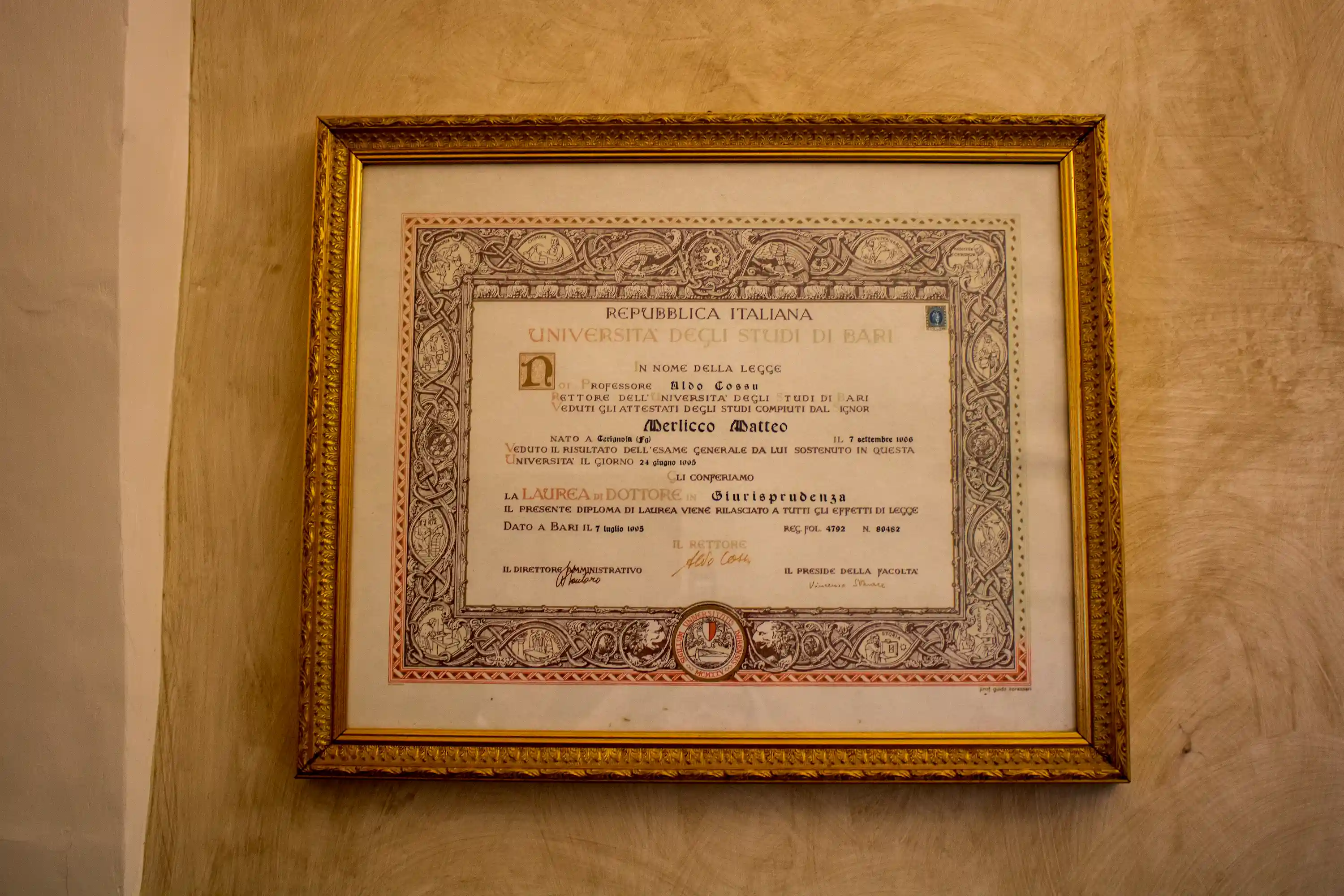 Diploma di laurea in Giurisprudenza dell'Avv. Matteo Merlicco, Università degli Studi di Bari